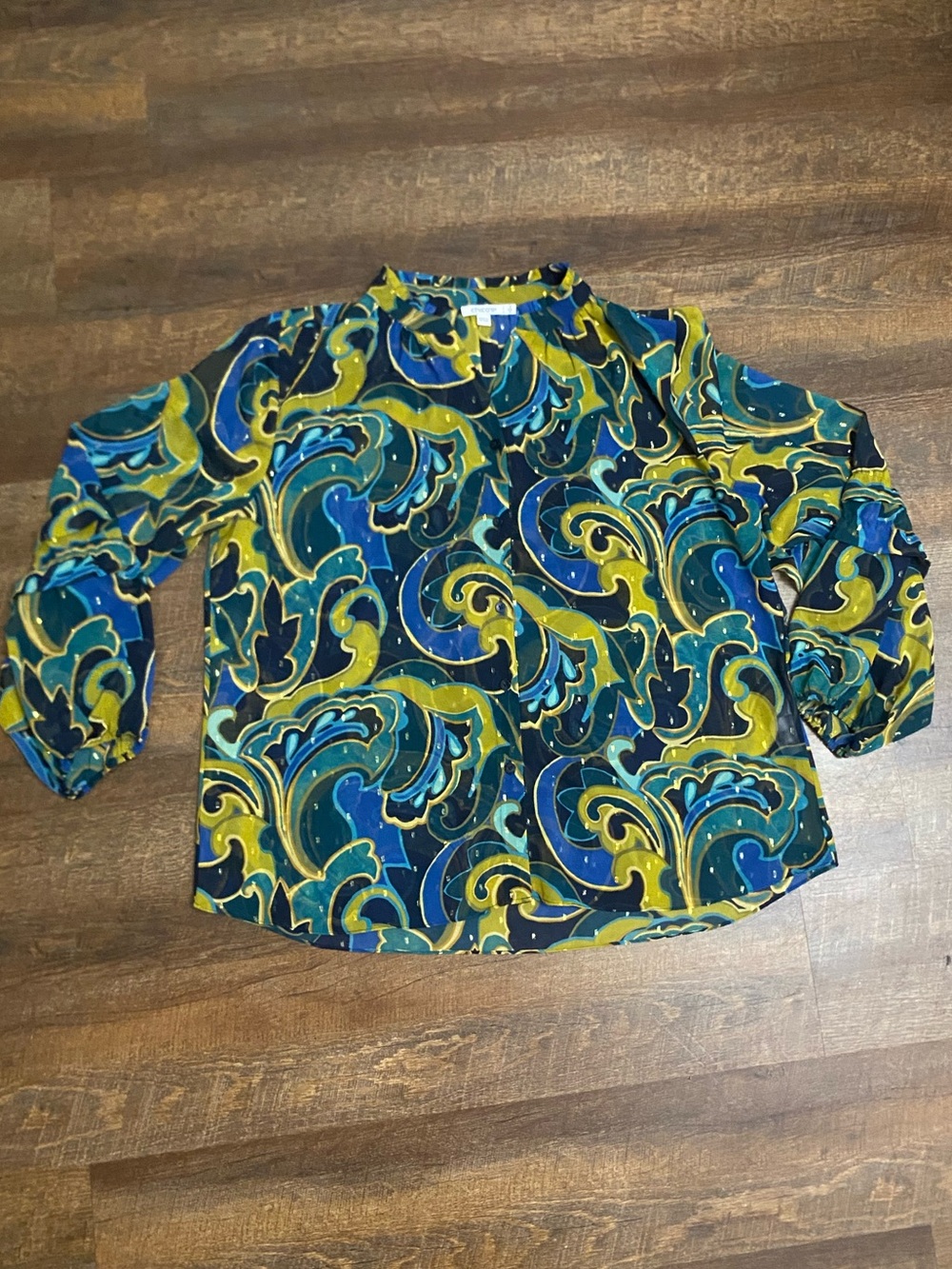 Chico's Women's Blue Green Paisley Metallic Chiffon Button Front Blouse XL